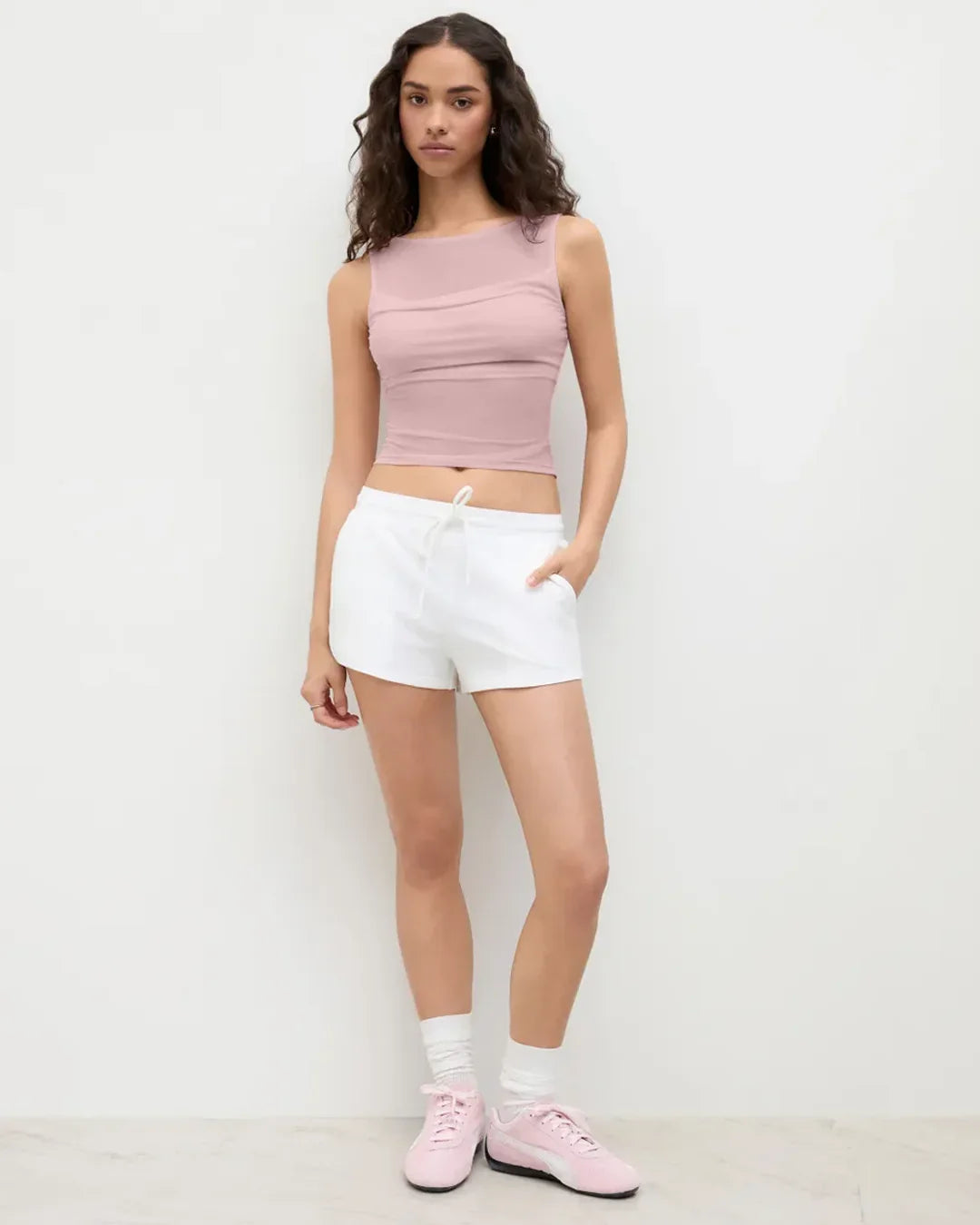 Light Pink Sleeveless Sheer Mesh Ruched Crop Top