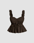Solid Ruffle Wide Strap Front Tie Bow Tank Top In Chocolate
