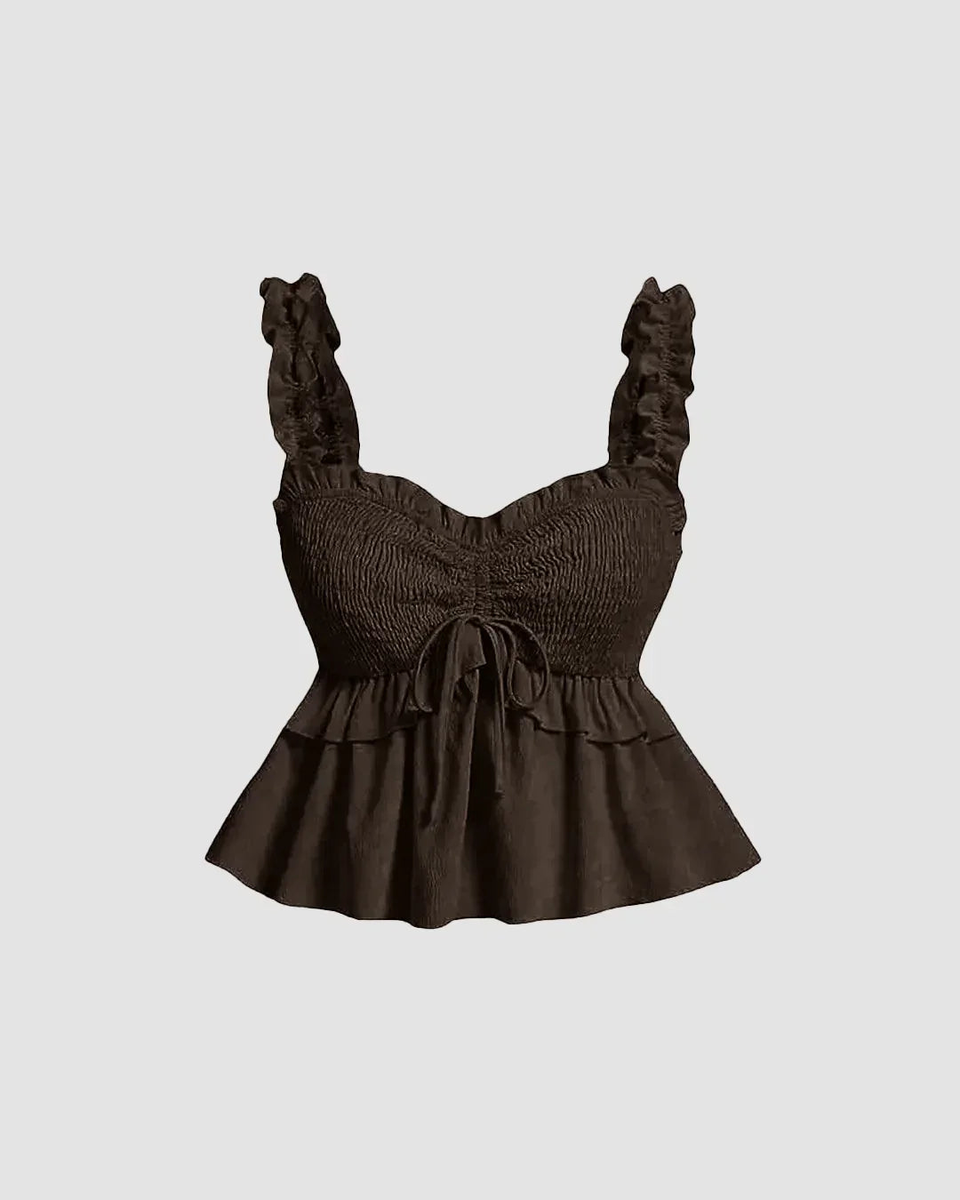 Solid Ruffle Wide Strap Front Tie Bow Tank Top In Chocolate