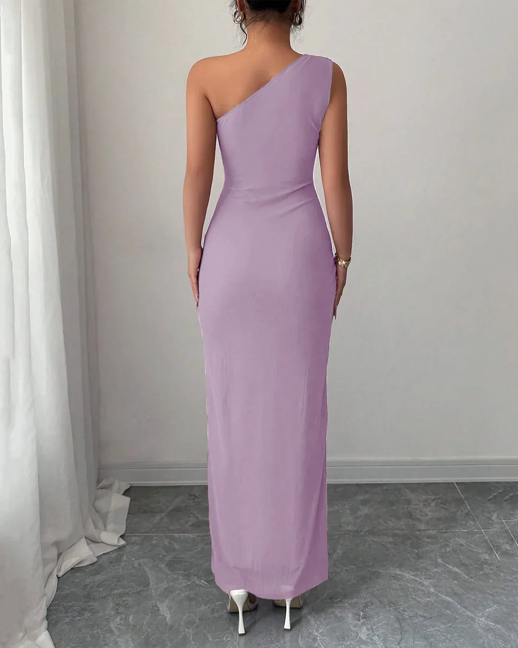 One-Shoulder Ruched Slit Maxi Dress in Lilac