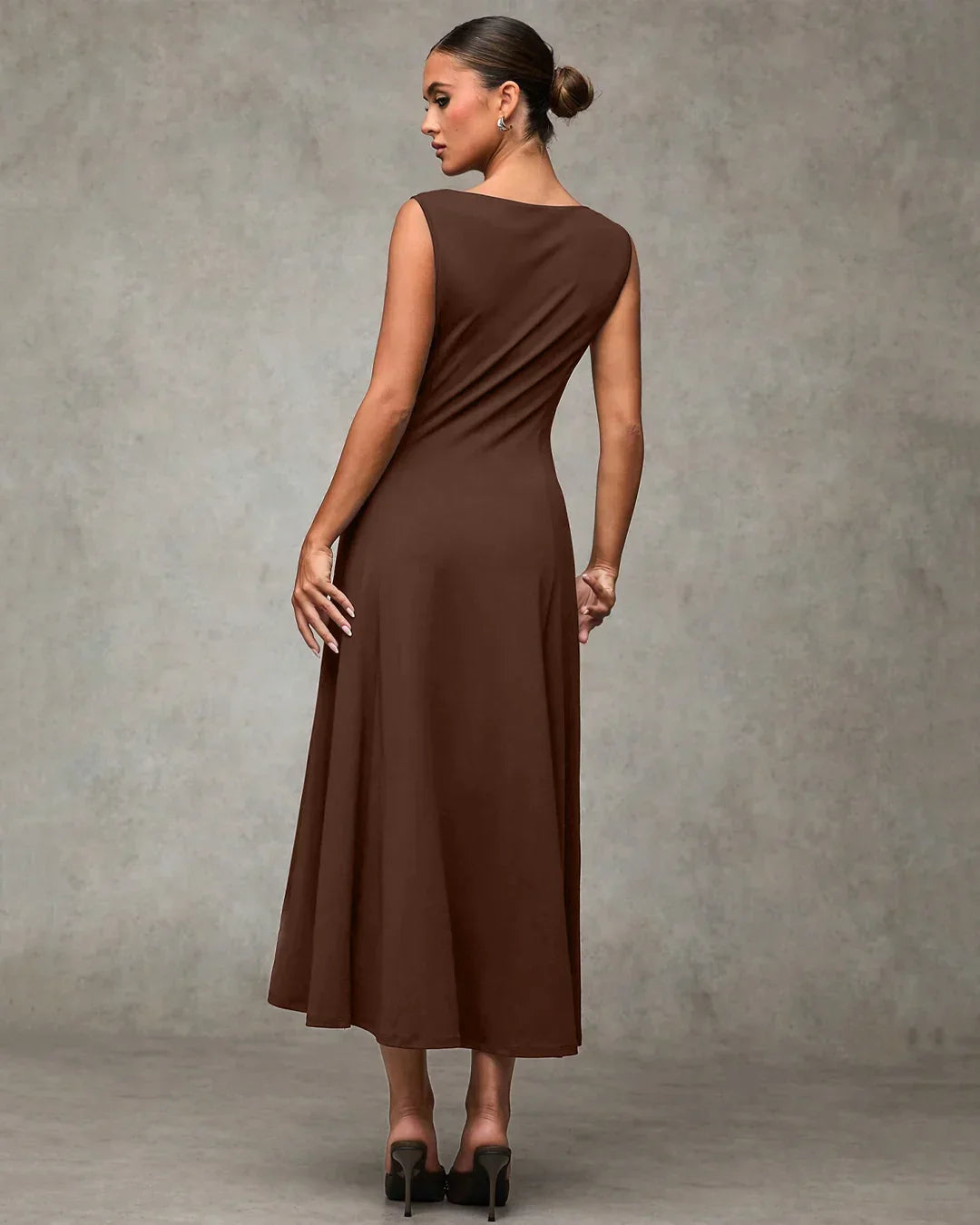 Sleeveless Fit and Flare Midi Dress in Rust