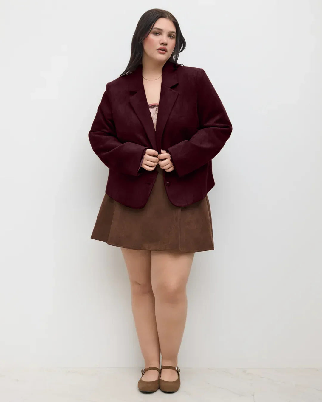 Maroon Collared Buttoned Long Sleeve Jacket Curve & Plus
