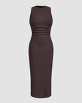 Sleeveless Round Neck Slim Fit Midi Dress in Brown
