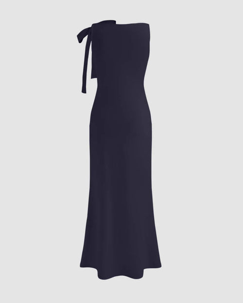 Boat Neck Solid Bowknot Maxi Dress In Navy Blue