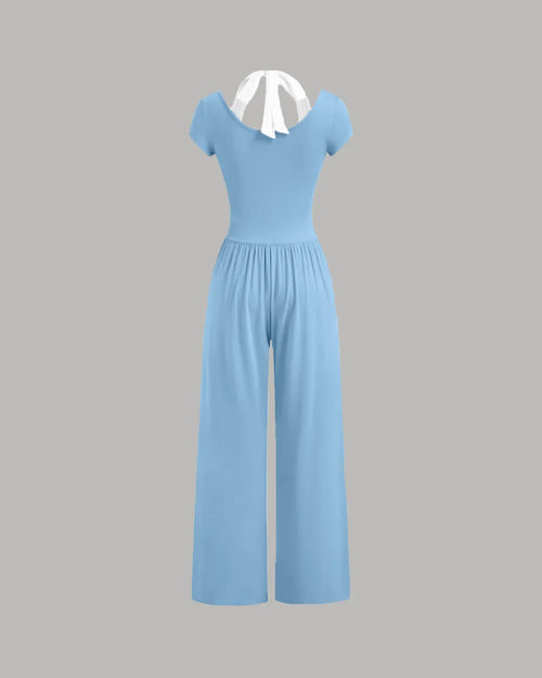 Cap Sleeve Tie Back Jumpsuit with White Inner Layer in Powder Blue