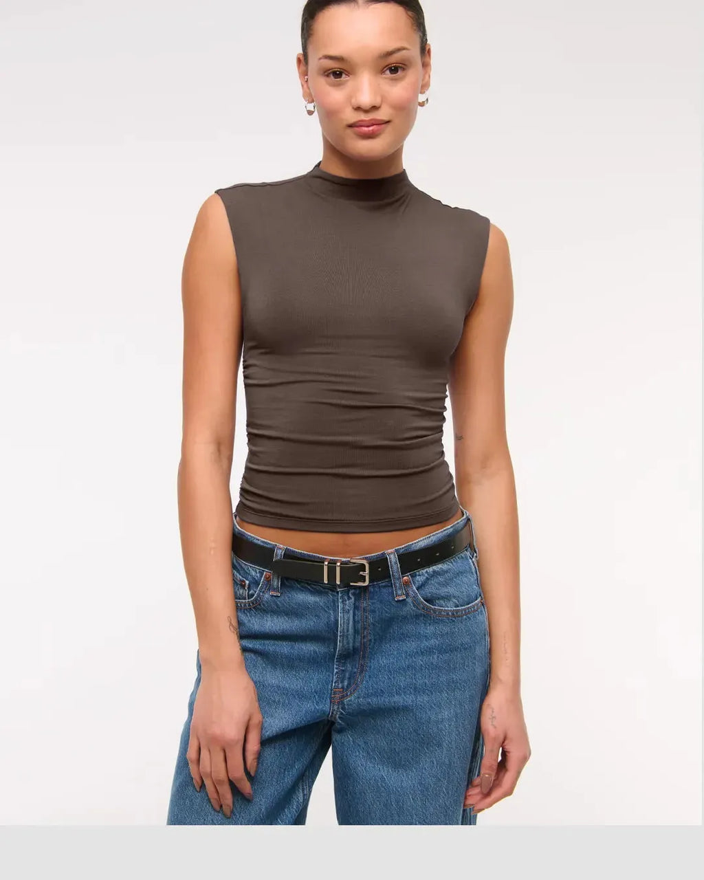 Sleeveless Mock Neck Ruched Fitted Top In Coca