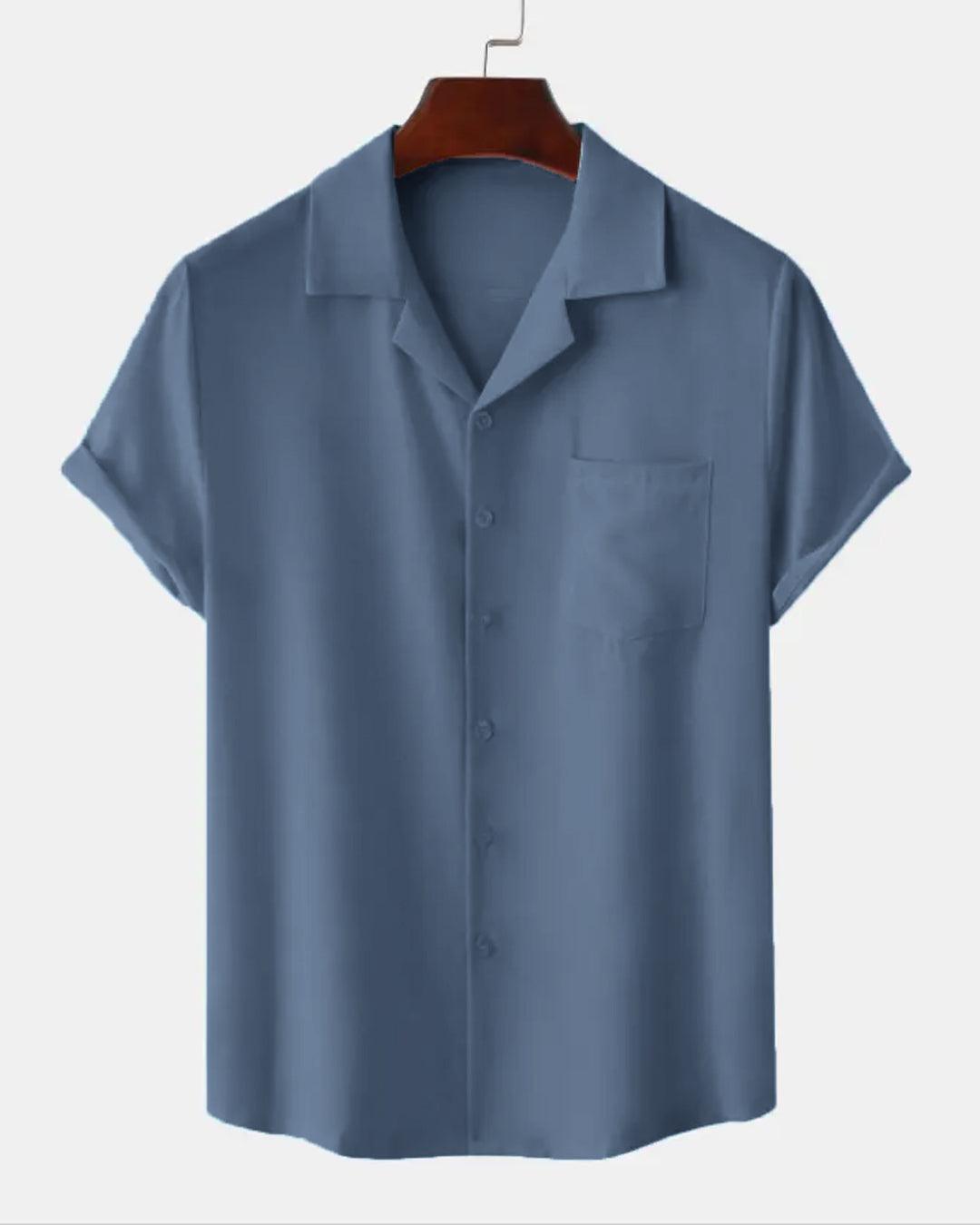 Men Solid Color Short Sleeve Streetwear Shirt In Blue