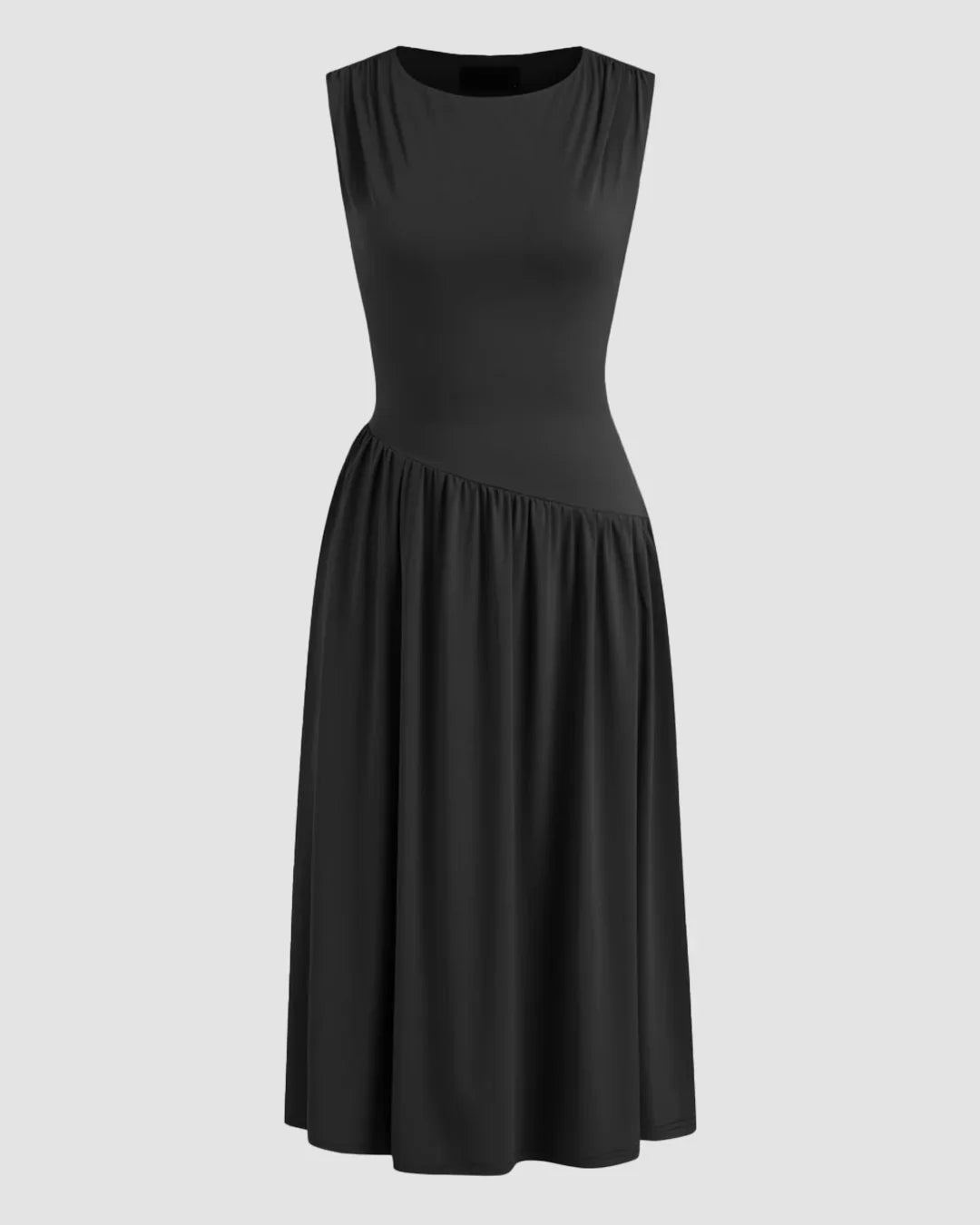 Round Neckline Ruffle Ruched Lace Up Midi Dress Curve & Plus in Black