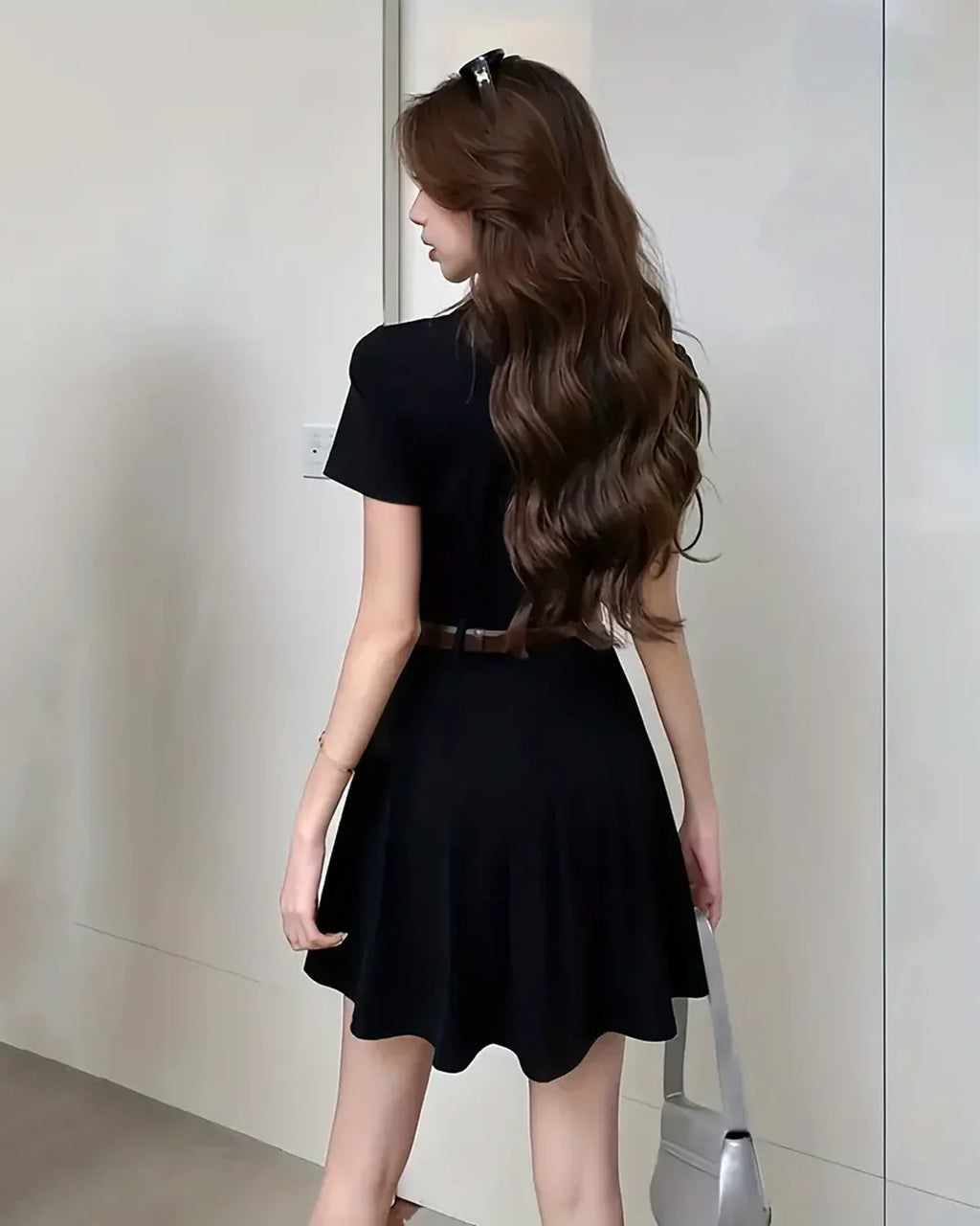 Black Collared Short Sleeve Skirt Mini Dress