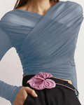 Sheer Mesh Long Sleeve Ruched Wrap Top In Grey