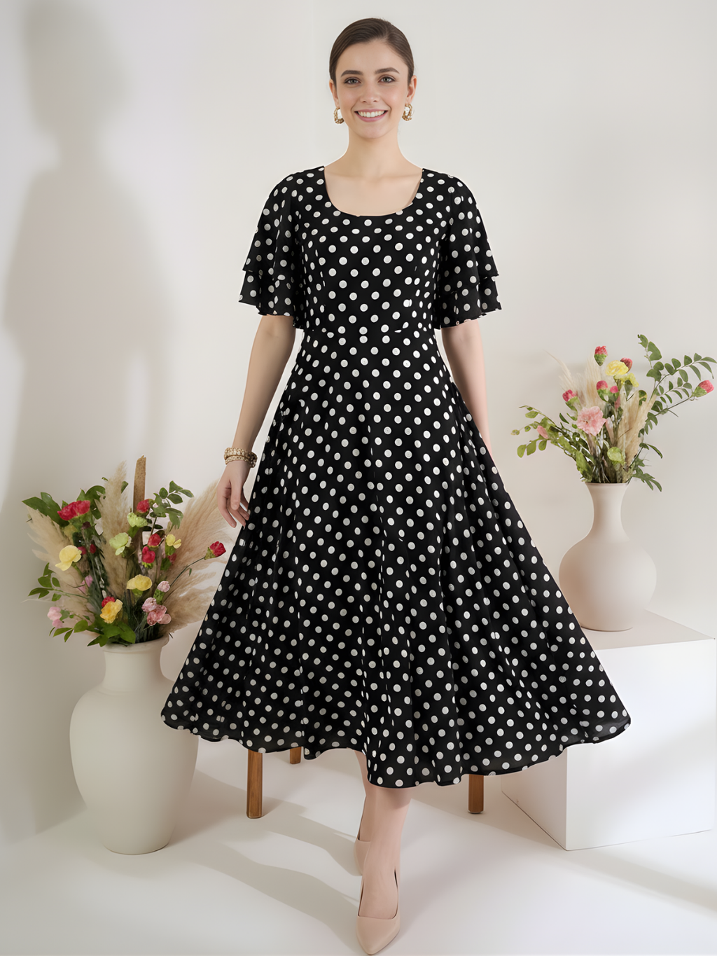 Stretchable Ruffled Sleeve Fit & Flare Dress - Pinkkup