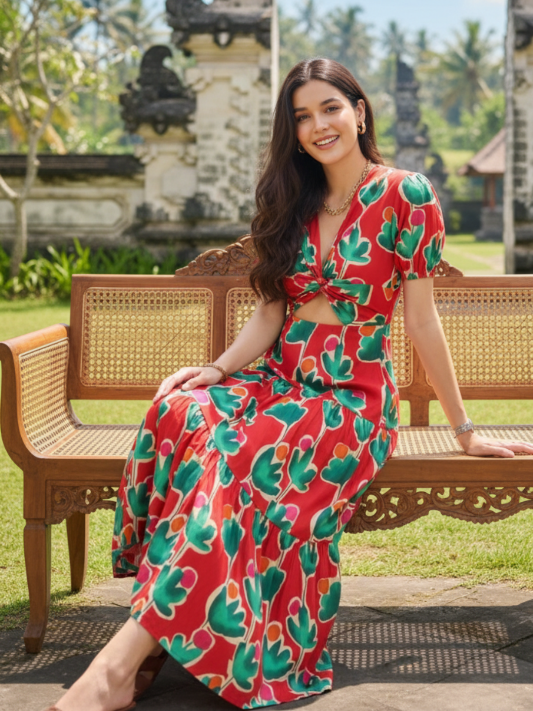 Puff Sleeve Front Cut Out Cotton Midi Dress - Pinkkup