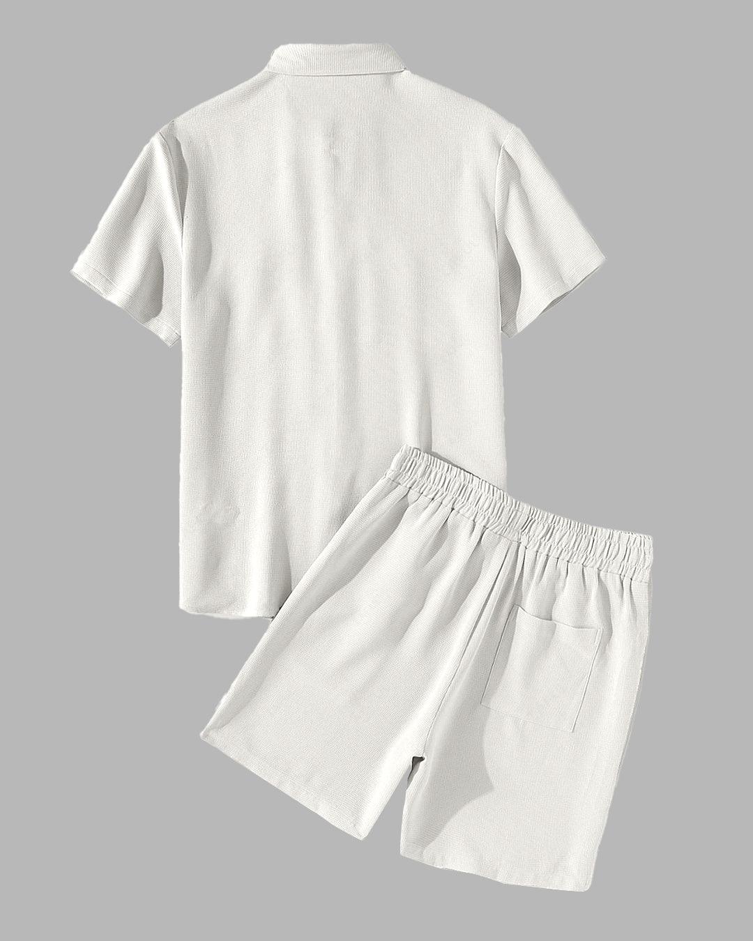 Men Basic Front Flap Pocket Cream Shirt & Drawstring Waist Shorts Set