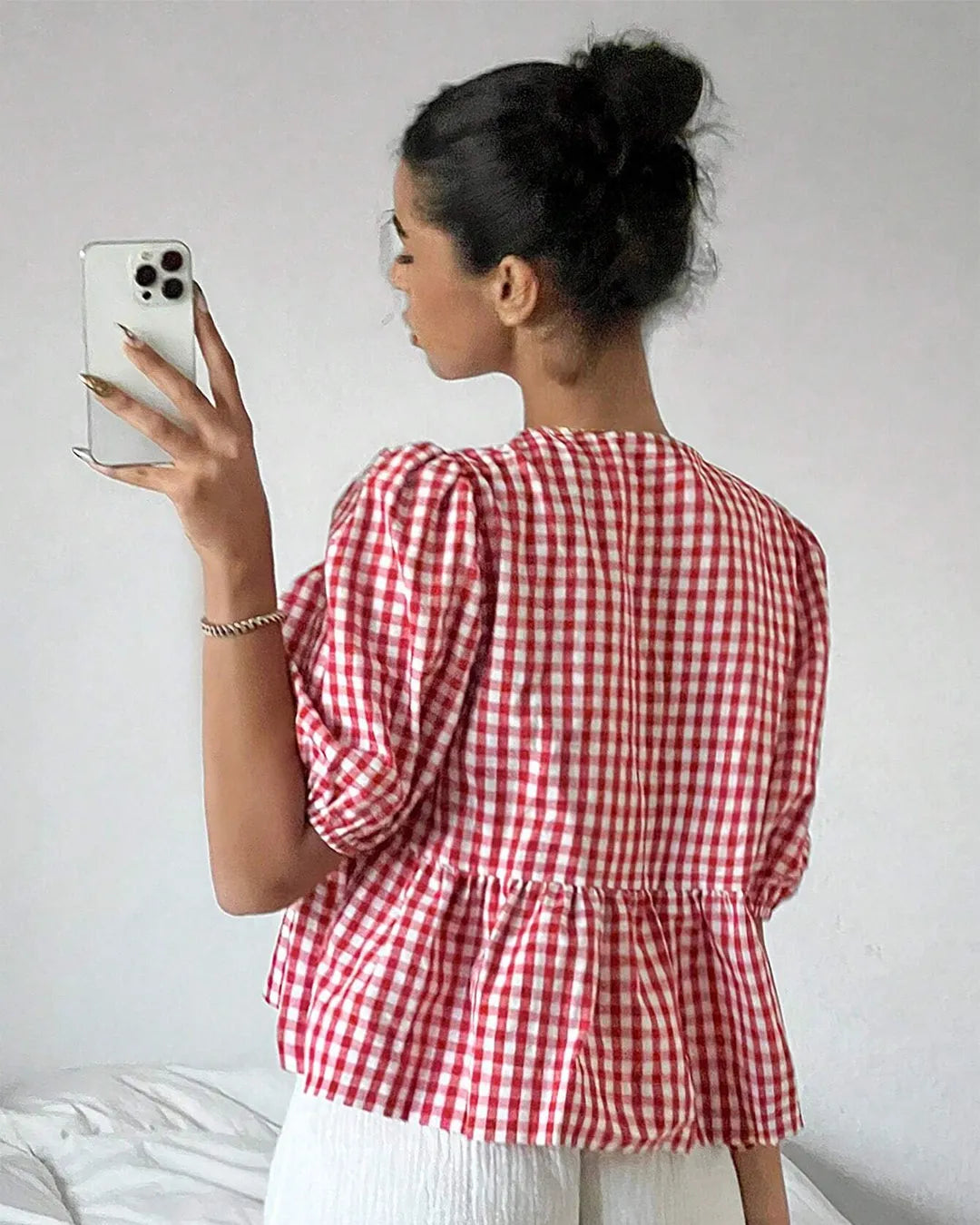 Red Gingham Peplum Blouse with Puff Sleeves