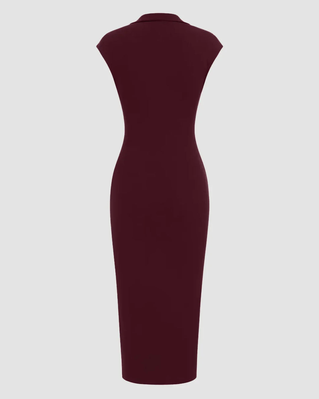 Collared Sleeveless Ruched Slit Midi Dress in Maroon