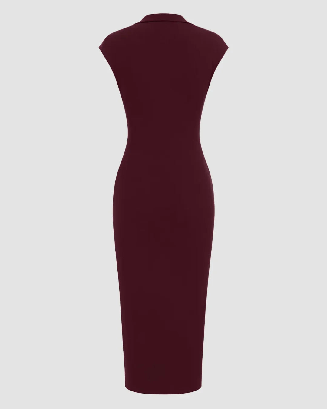 Collared Sleeveless Ruched Slit Midi Dress in Maroon