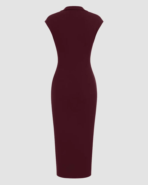 Collared Sleeveless Ruched Slit Midi Dress in Maroon