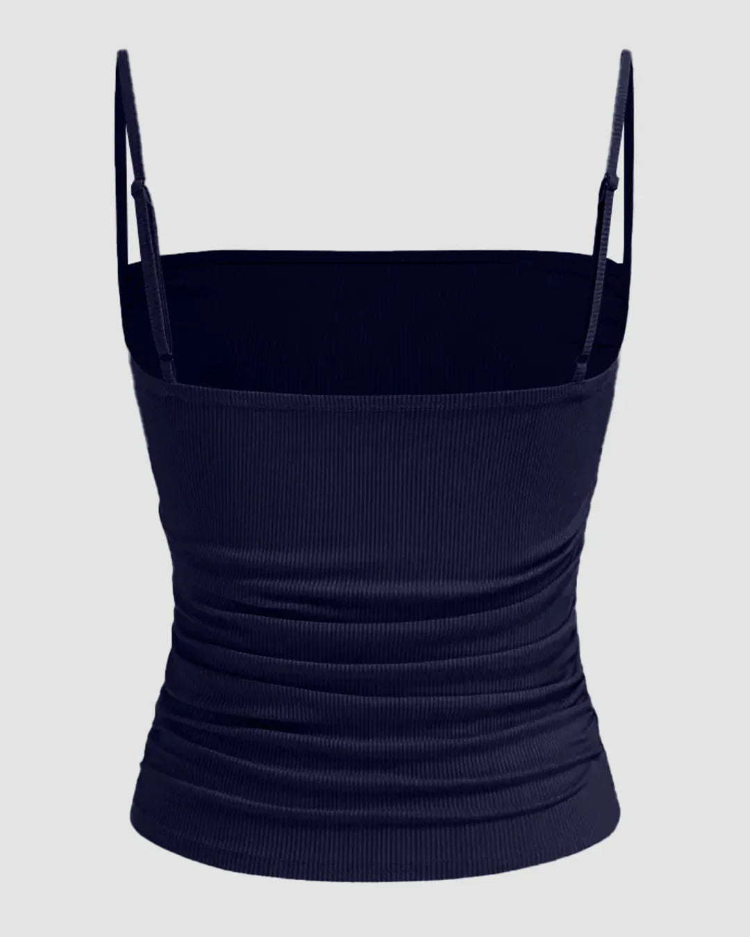 Ruched Fitted Sleeveless Top with Spaghetti Straps in Navy Blue