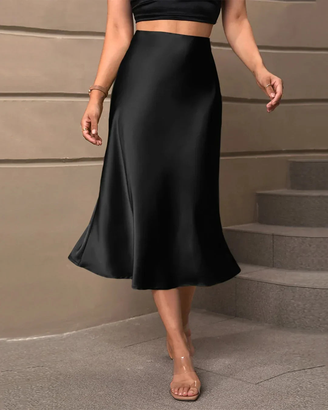 Satin Flared Midi Skirt in Black
