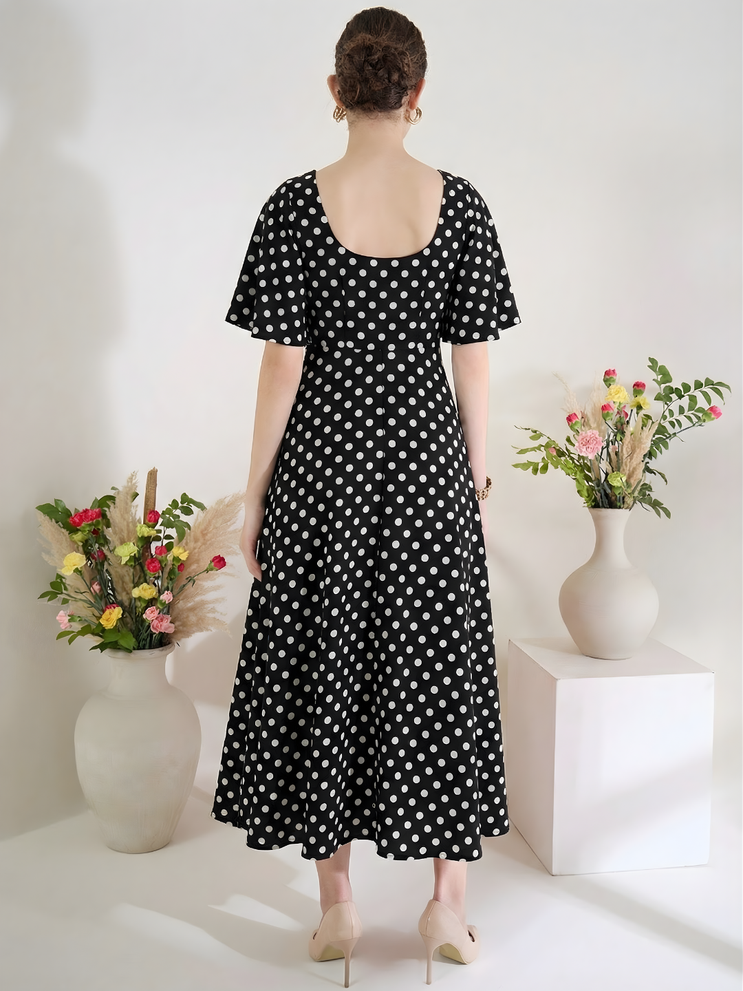 Stretchable Ruffled Sleeve Fit & Flare Dress