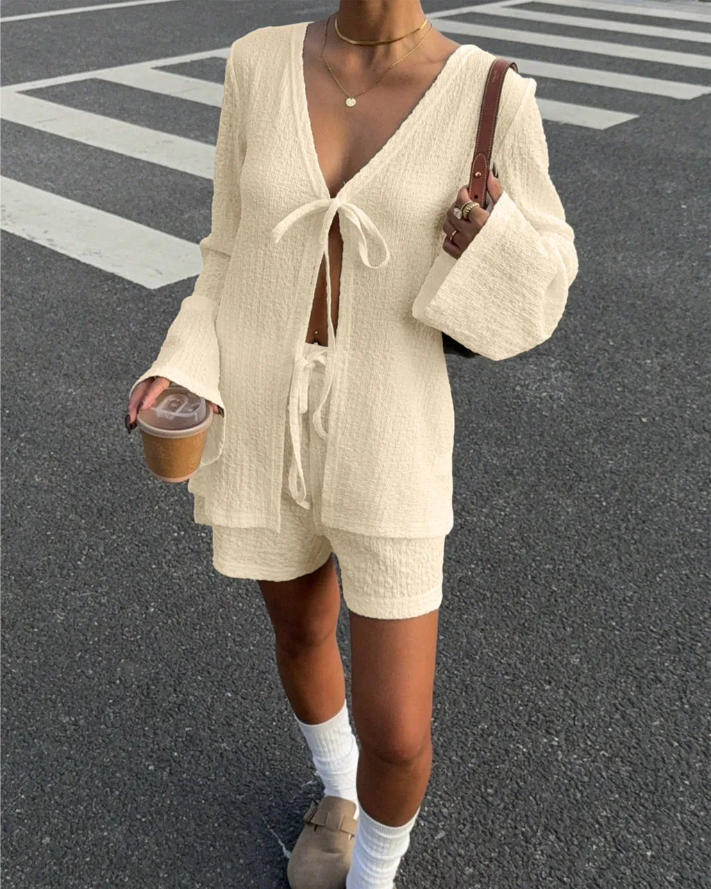 Textured V-Neck Tie Front Long Sleeve Top and Shorts Set in Cream