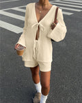 Textured V-Neck Tie Front Long Sleeve Top and Shorts Set in Cream