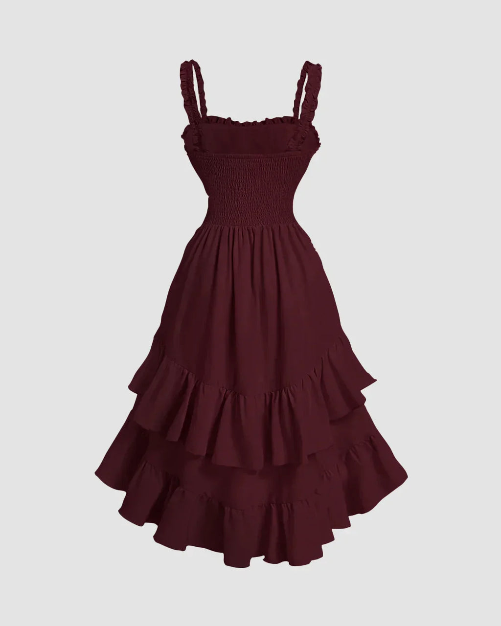 Maroon Ruched Square Neck Ruffle High-Low Midi Dress with Ruffle Hem