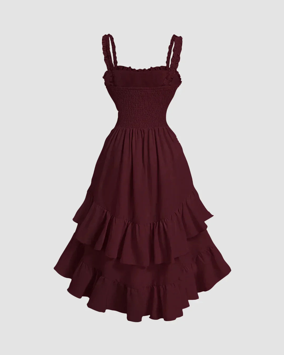 Maroon Ruched Square Neck Ruffle High-Low Midi Dress with Ruffle Hem
