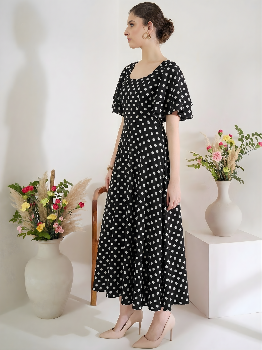Stretchable Ruffled Sleeve Fit & Flare Dress