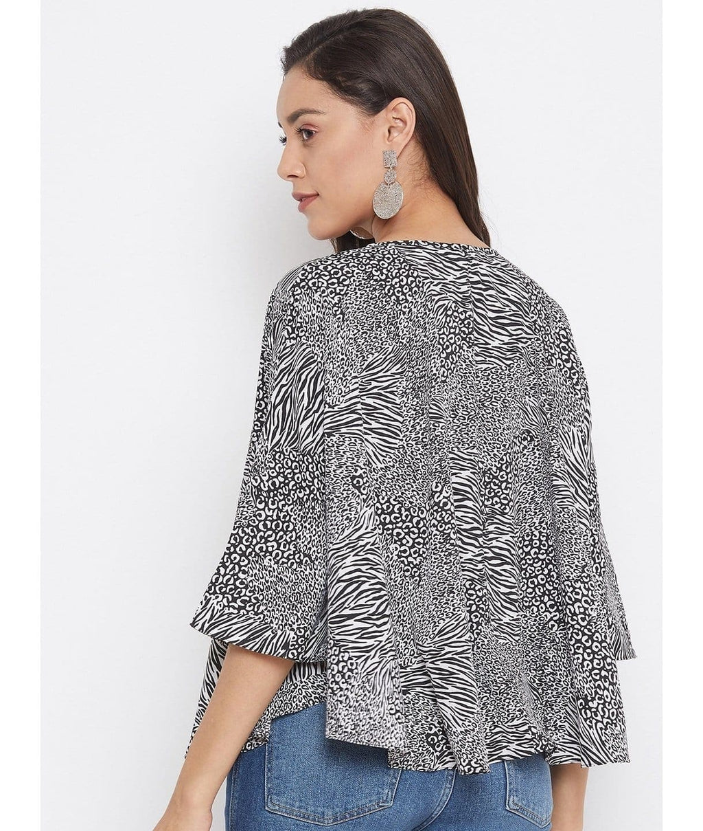 Printed Buttoned Crepe Cape Top