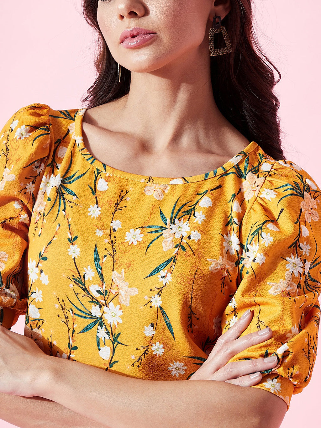 Cotton Floral Stretchable Puff Sleeve Top