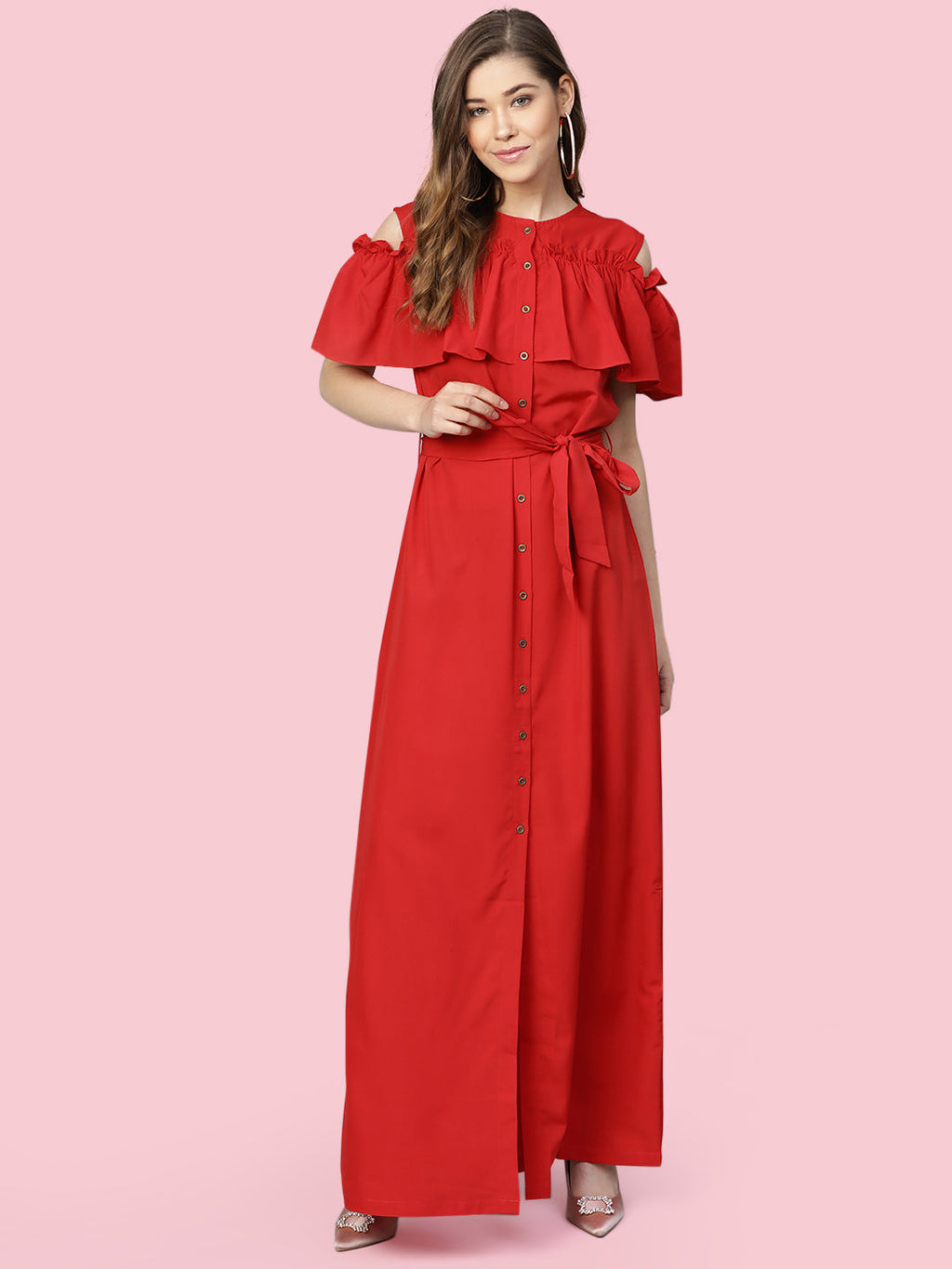 Ruffled Buttoned Cold Shoulder Maxi Dress