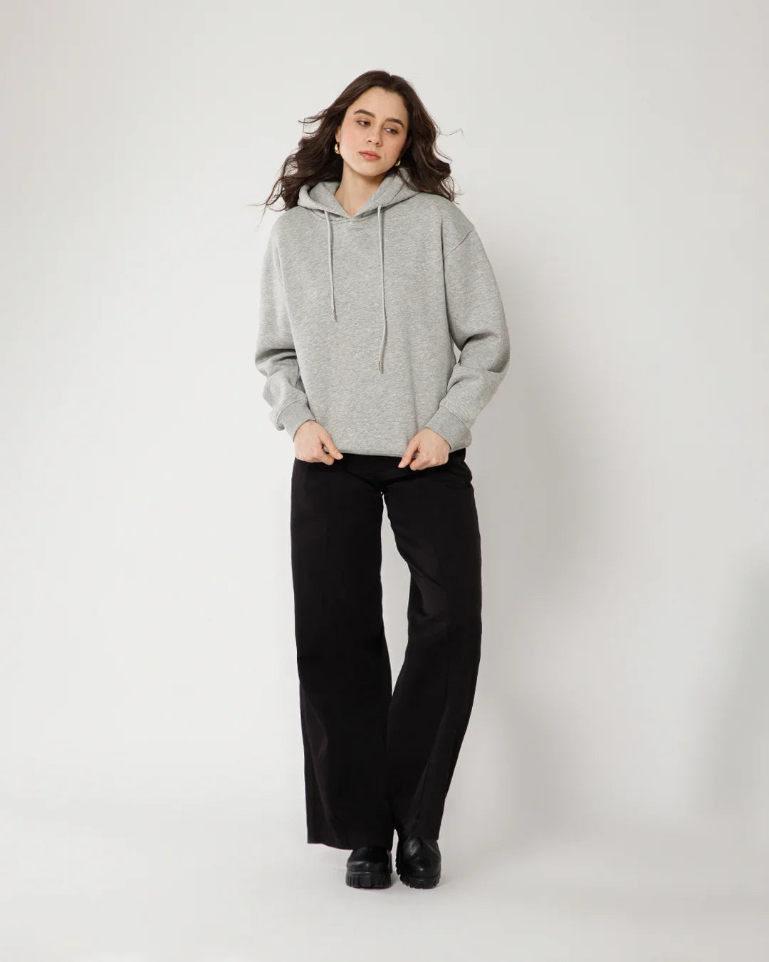 Womens Solid Drawstring Full Sleeve Hoodie in Milange