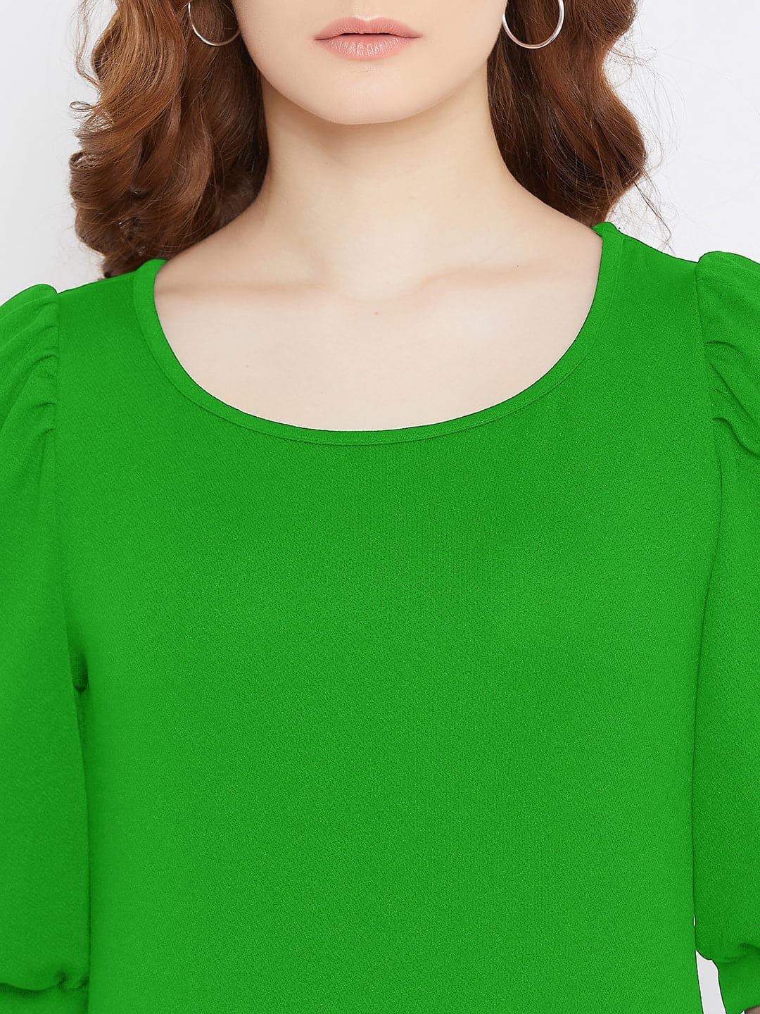 Cotton Solid Stretchable Round Neck Puff Sleeve Top