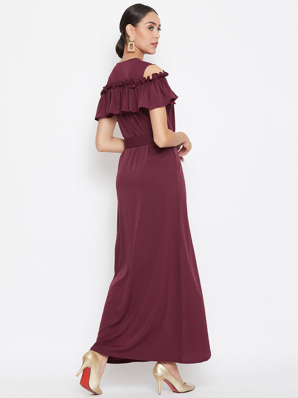 Ruffled Buttoned Cold Shoulder Maxi Dress