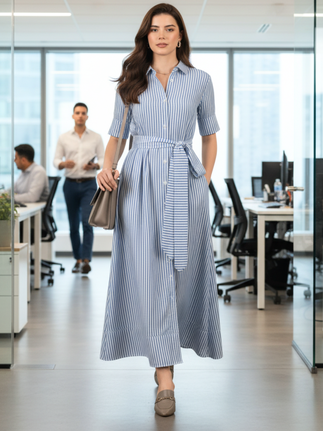 Cotton Buttoned Down Shirt Dress With Belt - Pinkkup