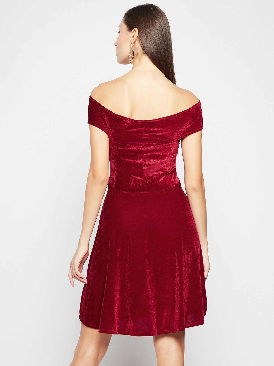 Off Shoulder Stretchable Velvet Skater Dress