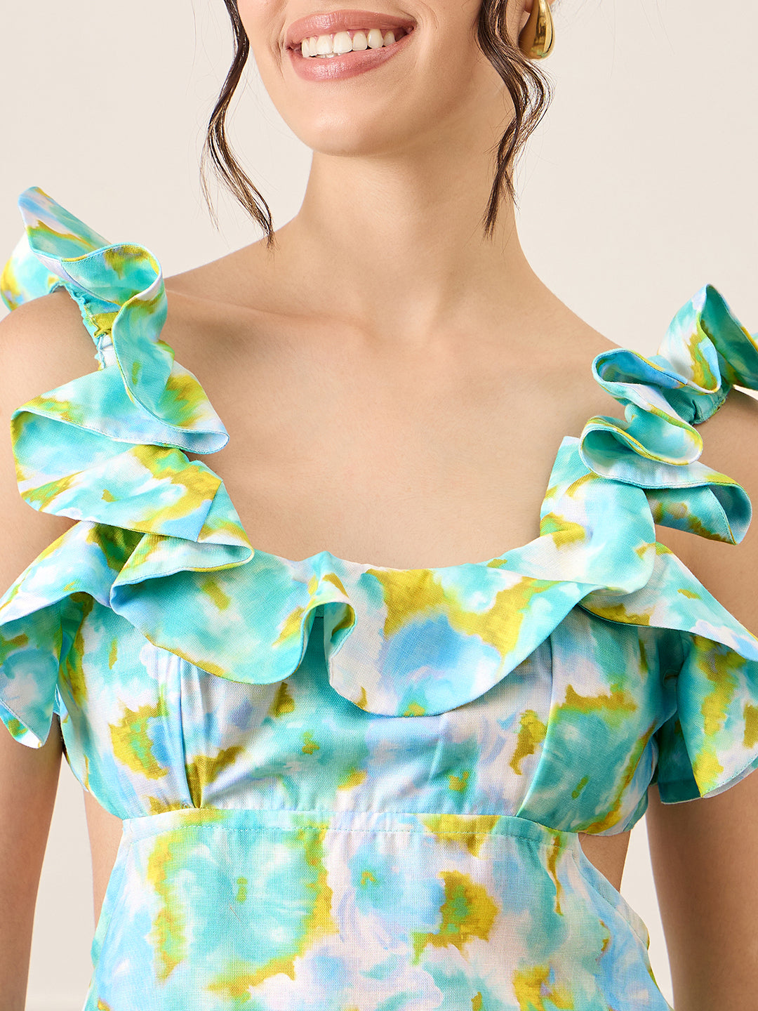 Printed Frilled Scoop Neck Linen Dress