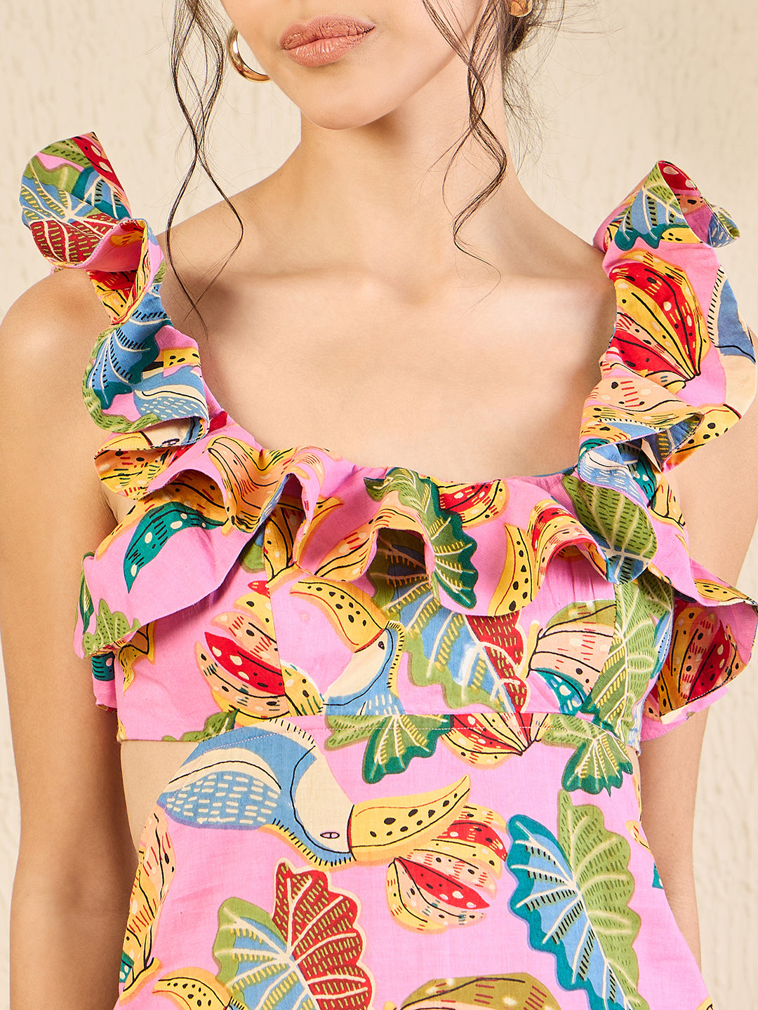 Printed Frilled Scoop Neck Linen Dress