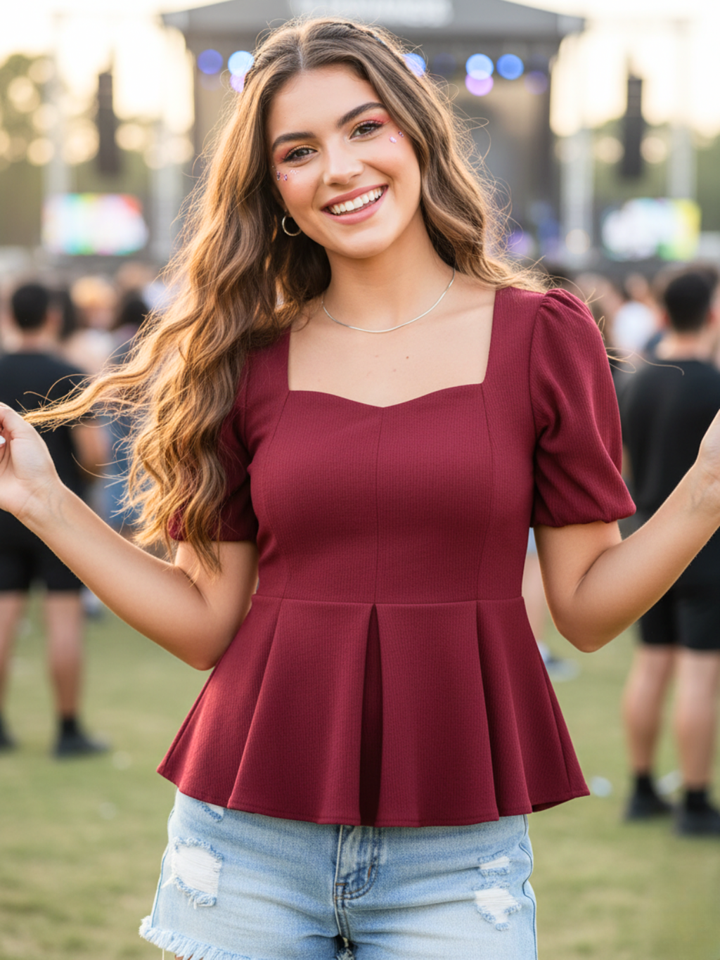 Stretchable Puff Sleeves Peplum Top - Pinkkup