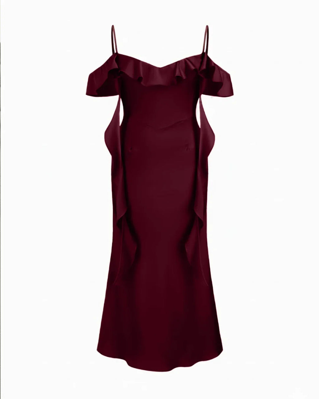 Satin V-neck Backless Ruffle Hem Maxi Dress Curve & Plus in Burgundy