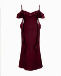 Satin V-neck Backless Ruffle Hem Maxi Dress Curve & Plus in Burgundy