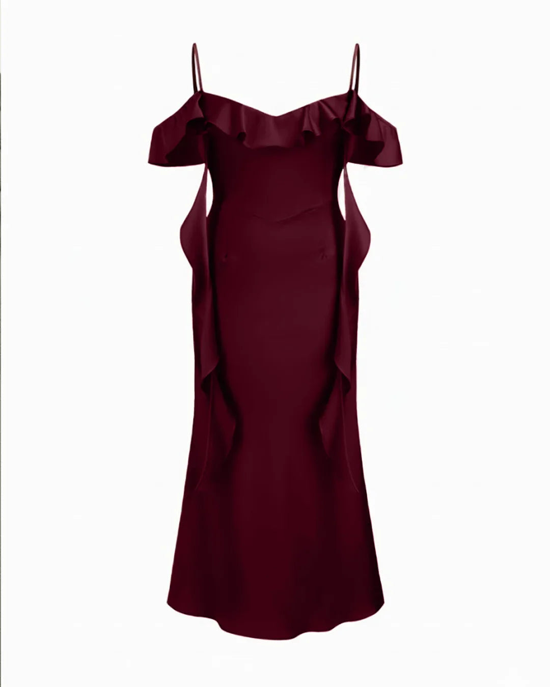 Satin V-neck Backless Ruffle Hem Maxi Dress Curve & Plus in Burgundy