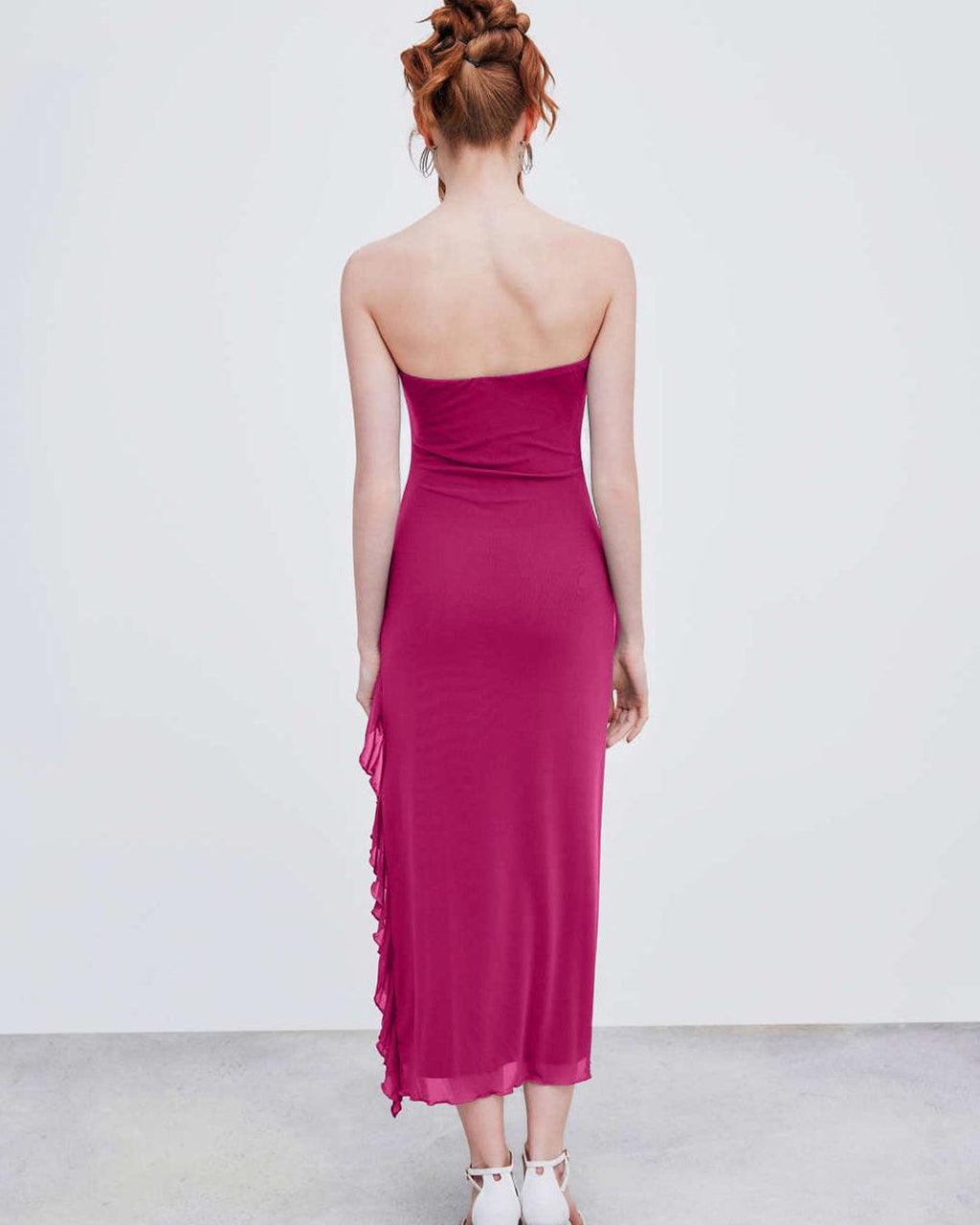 Tube Ruffles Gown With Net Side Detailing In Pink