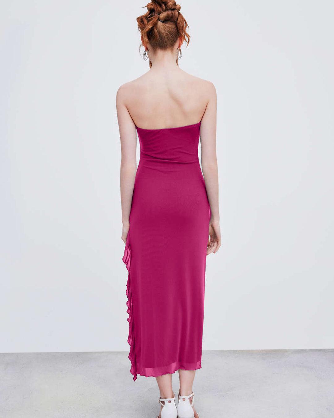 Tube Ruffles Gown With Net Side Detailing In Pink