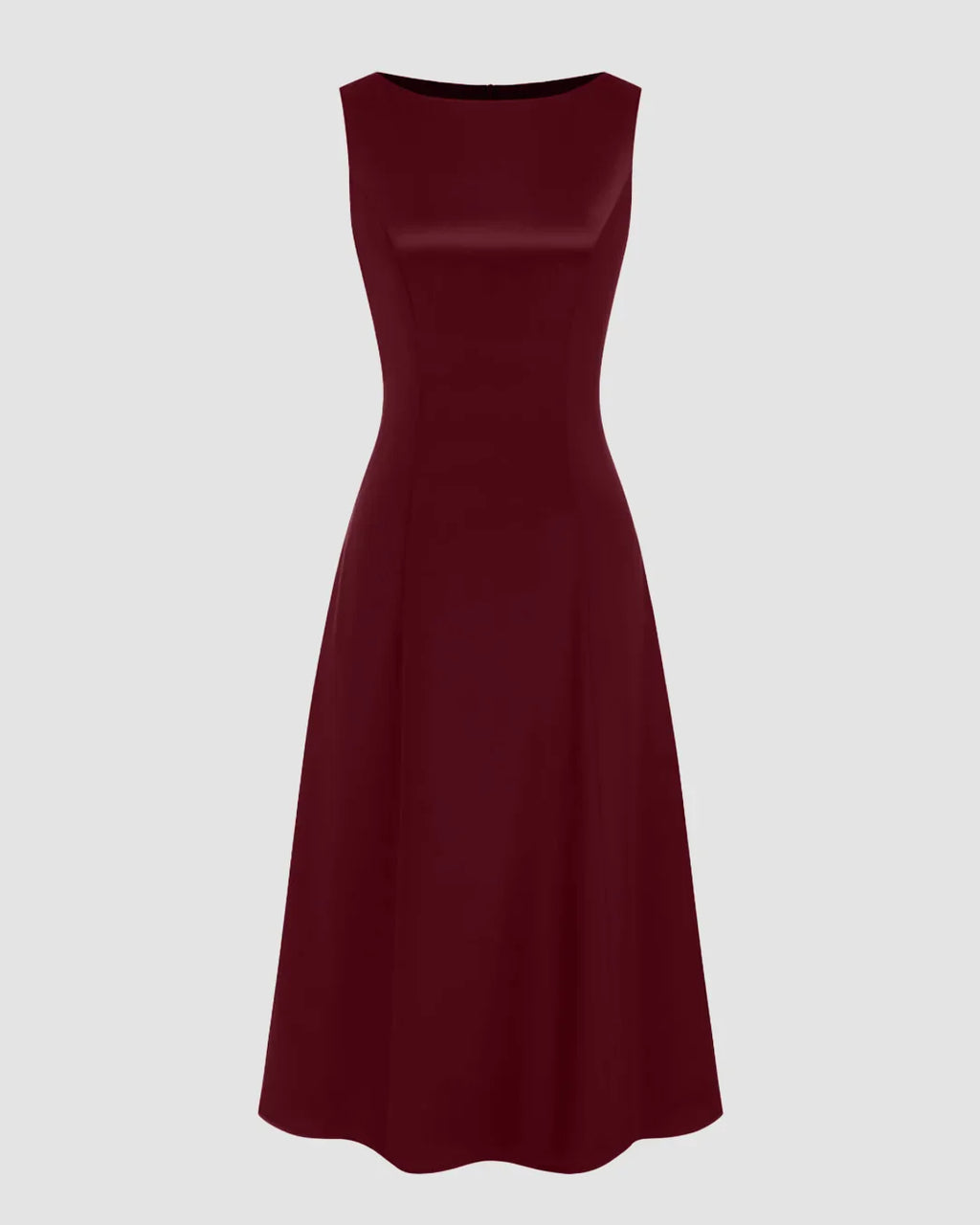 Satin Boat Neck Cinched Waist Midi Dress in Red