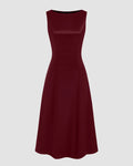 Satin Boat Neck Cinched Waist Midi Dress in Red