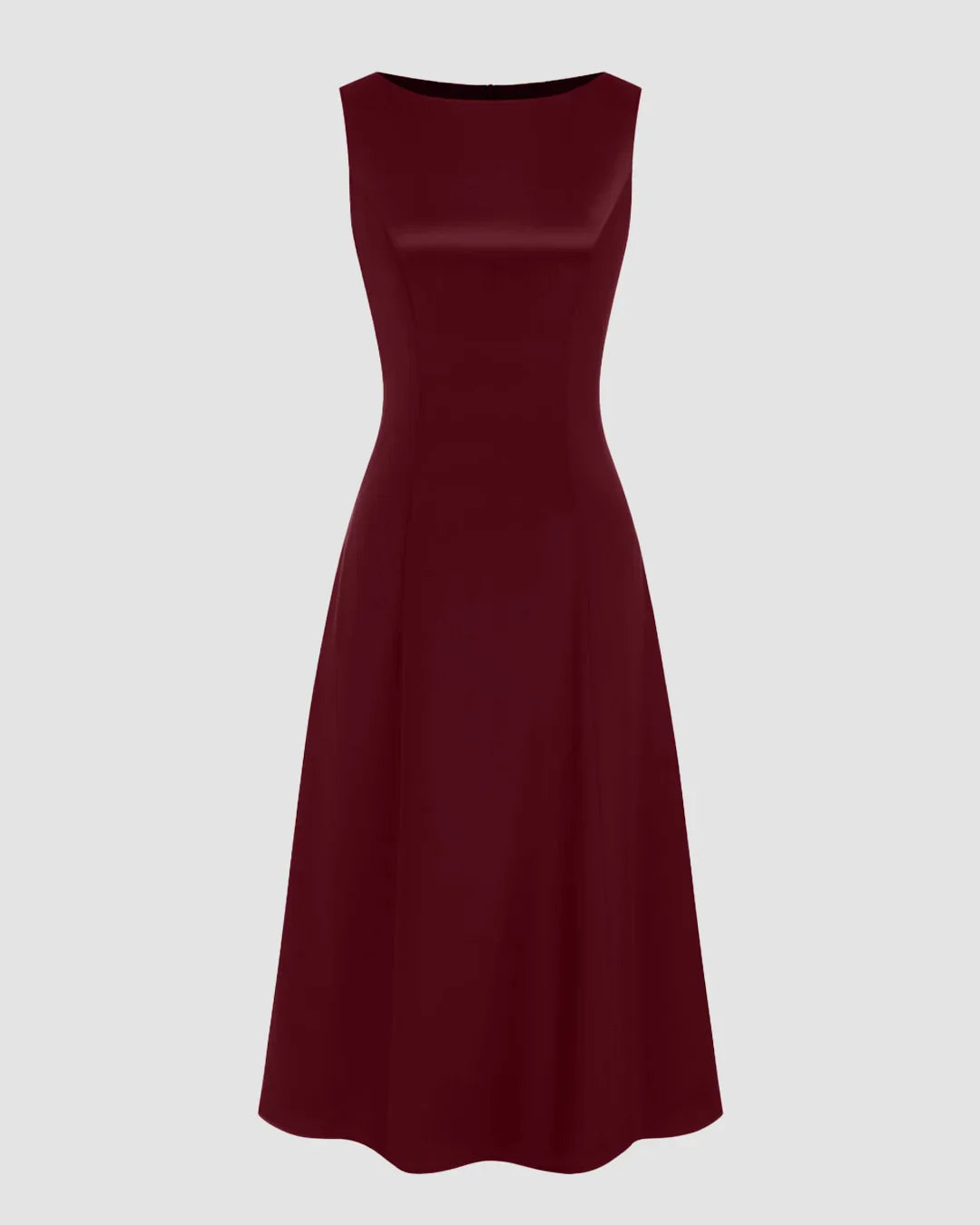 Satin Boat Neck Cinched Waist Midi Dress in Red