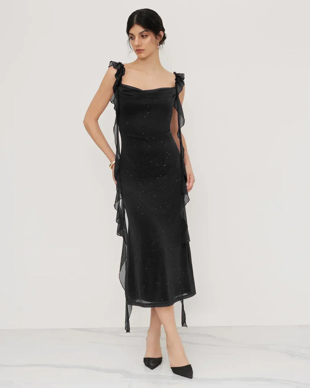 Black Ruched Ruffle Mesh Sleeveless Bodycon Midi Dress