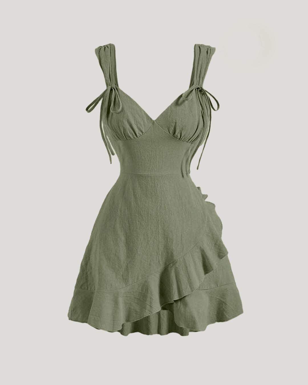 Ruffle Wrap V Neck Sleeveless Tie Knot Short Dress